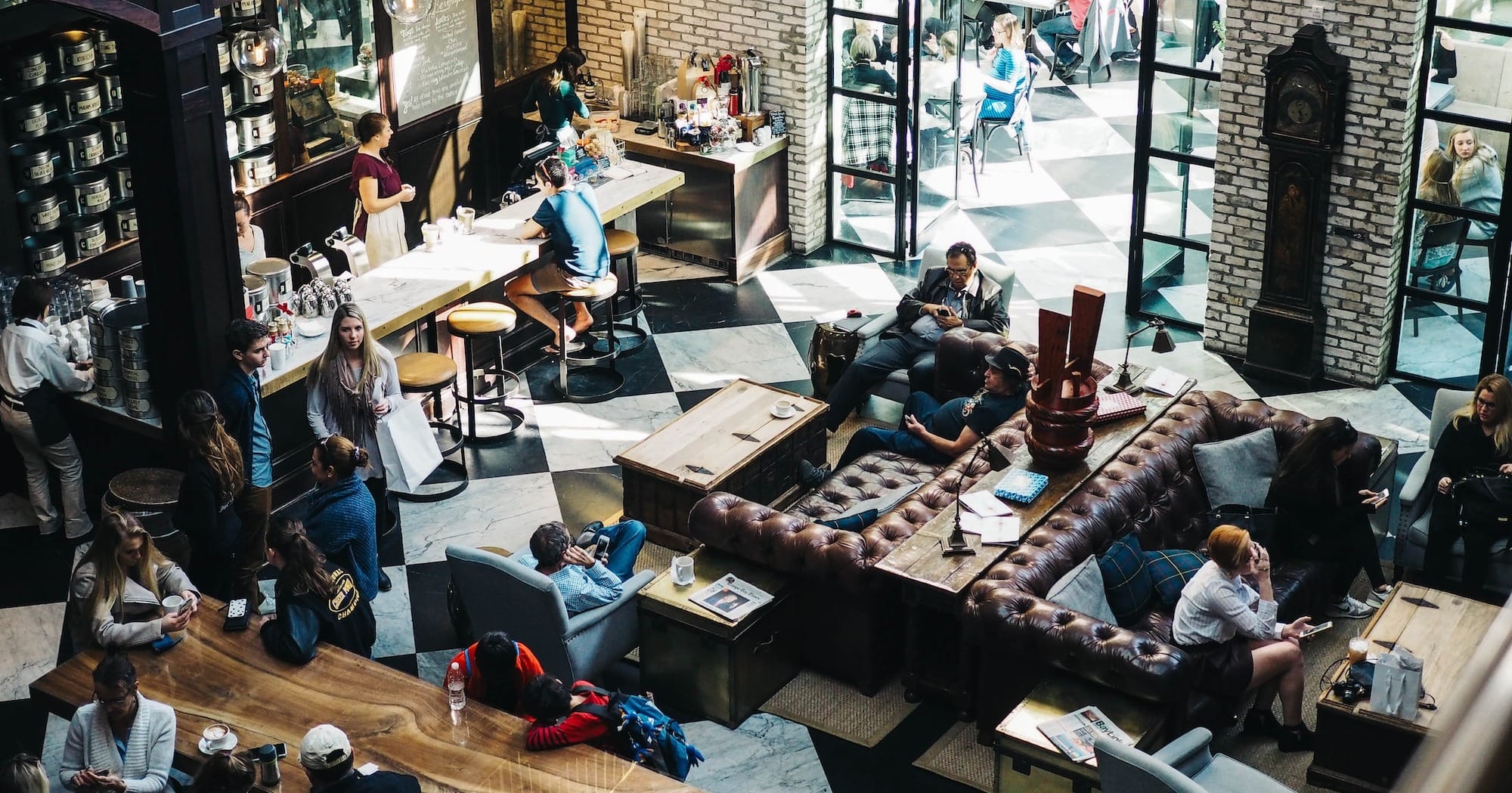 aerial photo of people on bar